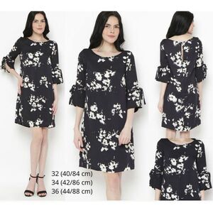 H&M Navy Floral Shift Dress Size 4 3/4 Sleeve Bow Cuff Elegant Cocktail NWT